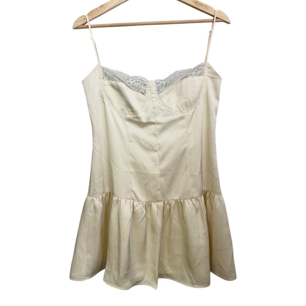 Peppermayo Satin Drop Waist Mini Dress Ivory Size 6‎ Coquette Sultry Lace Trim